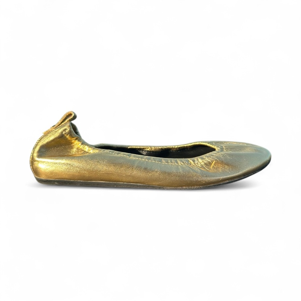 Lanvin Gold Leather Ballet Flats Size 8 Luxury Elastic Slip On Shoes Minimal